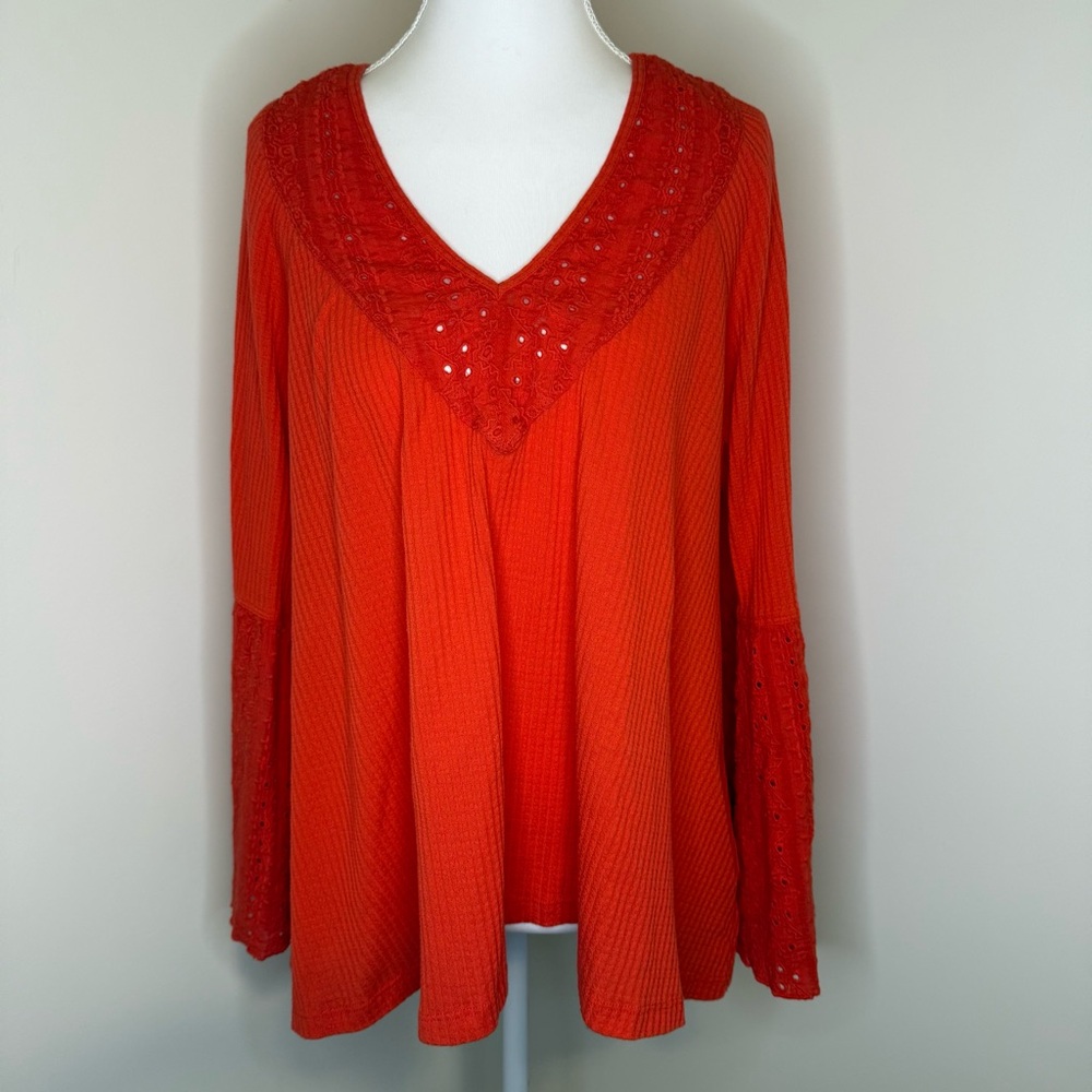 Free People Vibrant Orange V-Neck Blouse - Size M